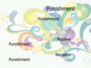 การลงโทษ  (Punishment)การลงโทษ  (Punishment) คือ  การทำให้อัตราการตอบสนองหรือความถี่ของการแสดงพฤติกรรมลดลง  การลงโทษมี  ๒  ทางได้แก่		๑.   การลงโทษทางบวก (Positive Punishment) เป็นการให้สิ่งเร้าที่บุคคลที่ไม่พึงพอใจ  มีผลทำให้บุคคลแสดงพฤติกรรมลดลง		๒.   การลงโทษทางลบ (Negative Punishment) เป็นการนำสิ่งเร้าที่บุคคลพึงพอใจ หรือสิ่งเสริมแรงออกไป มีผลทำให้บุคคลแสดงพฤติกรรมลดลง