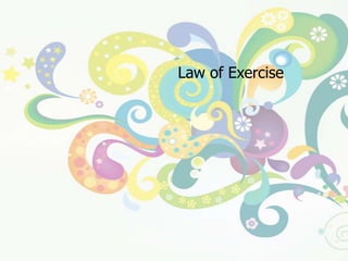 กฎการเรียนรู้ของธอร์นไดค์(ต่อ)๓.  กฎแห่งการฝึกหัด (Law of Exercise)  มีใจความสำคัญคือ พฤติกรรมใดที่ได้มีโอกาสกระทำซ้ำบ่อยๆ และมีการปรับปรุงอยู่เสมอ  ย่อมก่อให้เกิดความคล่องแคล่วชำนิชำนาญ  สิ่งใดที่ทอดทิ้งไปนานย่อมกระทำได้ไม่ดีเหมือนเดิมหรืออาจทำให้ลืมได้