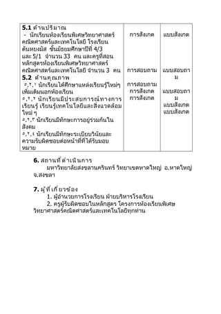 5.1 ด้ า นปริ ม าณ
 - นักเรียนห้องเรียนพิเศษวิทยาศาสตร์                 การสังเกต แบบสังเกต
คณิตศาสตร์และเทคโนโลยี โรงเรียน
ตันหยงมัส ชั้นมัธยมศึกษาปีที่ 4/3
และ 5/1 จำานวน 33 คน และครูที่สอน
หลักสูตรห้องเรียนพิเศษวิทยาศาสตร์
คณิตศาสตร์และเทคโนโลยี จำานวน 3 คน การสอบถาม แบบสอบถา
5.2 ด้ า นคุ ณ ภาพ                                                ม
 ٥.٢.١ นักเรียนได้ศึกษาแหล่งเรียนรู้ใหม่ๆ การสอบถาม
เพิ่มเติมนอกห้องเรียน                                การสังเกต แบบสอบถา
٥.٢.٢ นั ก เรี ย นมี ป ระสบการณ์ ท างการ การสังเกต                ม
เรี ย นรู้ เรี ย นรู้ เ ทคโนโลยี แ ละสิ่ ง แวดล้ อ ม           แบบสังเกต
ใหม่ ๆ                                                         แบบสังเกต
٥.٢.٣ นักเรียนมีทักษะการอยู่ร่วมกันใน
สังคม
٥.٢.٤ นักเรียนมีทักษะระเบียบวินัยและ
ความรับผิดชอบต่อหน้าที่ที่ได้รับมอบ
หมาย

    6. สถานที ่ ด ำ า เนิ น การ
         มหาวิทยาลัยสงขลานครินทร์ วิทยาเขตหาดใหญ่ อ.หาดใหญ่
    จ.สงขลา

    7. ผู ้ ท ี ่ เ กี ่ ย วข้ อ ง
            1. ผู้อำานวยการโรงเรียน ฝ่ายบริหารโรงเรียน
            2. ครูผู้รับผิดชอบในหลักสูตร โครงการห้องเรียนพิเศษ
    วิทยาศาสตร์คณิตศาสตร์และเทคโนโลยีทุกท่าน
 