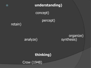 2. ความเข้าใจ (understanding) หลังจากบุคคลได้รับประสบการณ์แล้ว ขั้นต่อไปก็คือ ตีความหมายหรือสร้างมโนมติ (concept) ในประสบการณ์นั้น กระบวนการนี้เกิดขึ้นในสมองหรือจิตของบุคคล เพราะสมองจะเกิดสัญญาณ (percept) และมีความทรงจำ (retain) ขึ้น ซึ่งเราเรียกกระบวนการนี้ว่า "ความเข้าใจ"ในการเรียนรู้นั้น บุคคลจะเข้าใจประสบการณ์ที่เขาประสบได้ก็ต่อเมื่อเขาสามารถจัดระเบียบ (organize) วิเคราะห์ (analyze) และสังเคราะห์ (synthesis) ประสบการณ์ต่าง ๆ จนกระทั่งหาความหมายอันแท้จริงของประสบการณ์นั้นได้ 3. ความนึกคิด (thinking) ความนึกคิดถือว่าเป็นขั้นสุดท้ายของการเรียนรู้ ซึ่งเป็นกระบวนการที่เกิดขึ้นในสมอง Crow (1948) ได้กล่าวว่า ความนึกคิดที่มีประสิทธิภาพนั้น ต้องเป็นความนึกคิดที่สามารถจัดระเบียบ (organize) ประสบการณ์เดิมกับประสบการณ์ใหม่ที่ได้รับให้เข้ากันได้ สามารถที่จะค้นหาความสัมพันธ์ระหว่างประสบการณ์ทั้งเก่าและใหม่ ซึ่งเป็นหัวใจสำคัญที่จะทำให้เกิดบูรณาการการเรียนรู้อย่างแท้จริง