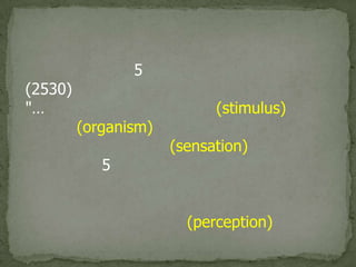 	           การเรียนรู้ของคนเรา เกิดจากการไม่รู้ไปสู่การเรียนรู้ มี 5 ขั้นตอนดังที่ กฤษณา ศักดิ์ศรี (2530) กล่าวไว้ดังนี้"…การเรียนรู้เกิดขึ้นเมื่อสิ่งเร้า (stimulus) มาเร้าอินทรีย์ (organism) ประสาทก็ตื่นตัว เกิดการรับสัมผัส หรือเพทนาการ (sensation) ด้วยประสาททั้ง 5 แล้วส่งกระแสสัมผัสไปยังระบบประสาทส่วนกลาง ทำให้เกิดการแปลความหมายขึ้นโดยอาศัยประสบการณ์เดิมและอื่น ๆ เรียกว่า สัญชาตชาน หรือการรับรู้ (perception) เมื่อแปลความหมายแล้ว ก็จะมีการสรุปผลของ,[object Object]