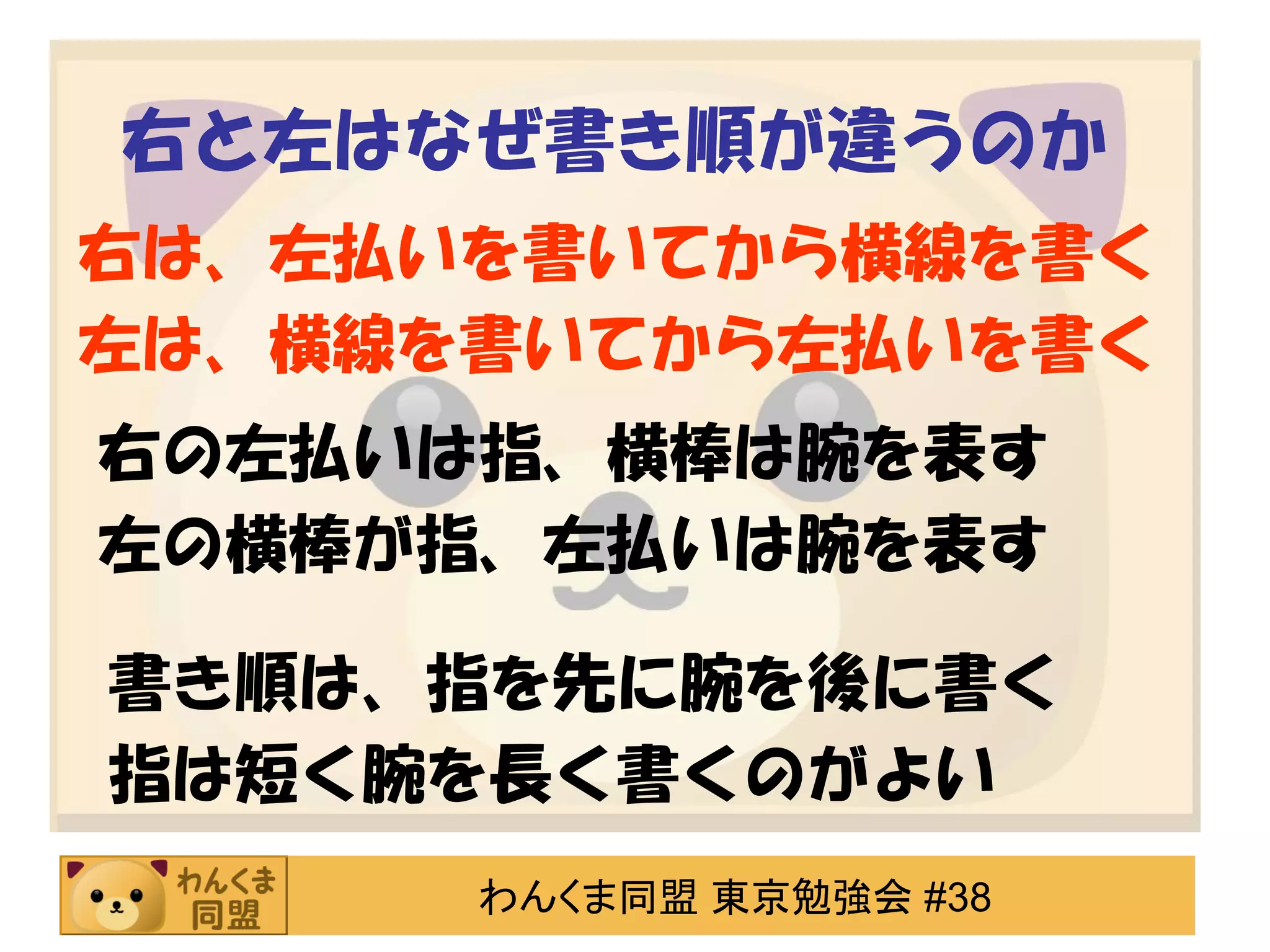 右と左はなぜ書き順が違うのか
右は、左払いを書いてから横線を書く
左は、横線を書いてから左払いを書く
右の左払いは指、横棒は腕を表す
左の横棒が指、左払いは腕を表す
書き順は、指を先に腕を後に書く
指は短く腕を長く書くのがよい
わんくま同盟 東京勉強会 #38

 