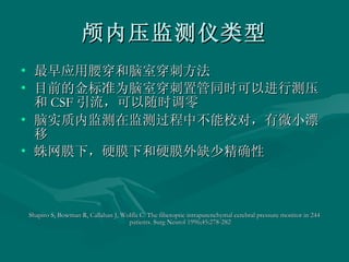颅内压监测仪类型 最早应用腰穿和脑室穿刺方法 目前的金标准为脑室穿刺置管同时可以进行测压和 CSF 引流，可以随时调零 脑实质内监测在监测过程中不能校对，有微小漂移 蛛网膜下，硬膜下和硬膜外缺少精确性 Shapiro S, Bowman R, Callahan J, Wolfla C. The fiberoptic intraparenchymal cerebral pressure monitor in 244 patients. Surg Neurol 1996;45:278-282  