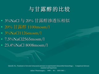 与甘露醇的比较 3%NaCl 与 20% 甘露醇渗透压相似 20% 甘露醇 1100mosm/l 3%NaCl1126mosm/l 7.5%NaCl2565mosm/l 23.4%NaCl 8008mosm/l Qureshi AL, Treatment of elevated intracranial pressure in experimental intracerebral hemorrhage ： Comparison between mannitol and hypertonic saline J Neurosurgery ， 1999 ， 44 ： 1055-1063 ． 