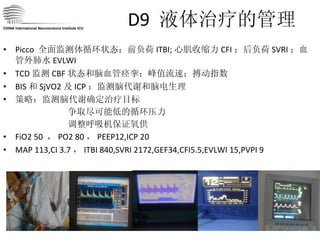 D9  液体治疗的管理 Picco  全面监测体循环状态：前负荷 ITBI; 心肌收缩力 CFI ；后负荷 SVRI ；血管外肺水 EVLWI TCD 监测 CBF 状态和脑血管痉挛：峰值流速；搏动指数 BIS 和 SjVO2 及 ICP ：监测脑代谢和脑电生理 策略：监测脑代谢确定治疗目标 争取尽可能低的循环压力 调整呼吸机保证氧供 FiO2 50  ， PO2 80 ， PEEP12,ICP 20 MAP 113,CI 3.7 ， ITBI 840,SVRI 2172,GEF34,CFI5.5,EVLWI 15,PVPI 9 CHINA International Neuroscience Institute ICU 