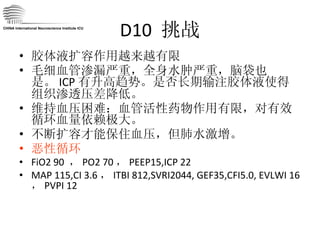 D10  挑战 胶体液扩容作用越来越有限 毛细血管渗漏严重，全身水肿严重，脑袋也是。 ICP 有升高趋势。是否长期输注胶体液使得组织渗透压差降低。 维持血压困难：血管活性药物作用有限，对有效循环血量依赖极大。 不断扩容才能保住血压，但肺水激增。 恶性循环 FiO2 90  ， PO2 70 ， PEEP15,ICP 22 MAP 115,CI 3.6 ， ITBI 812,SVRI2044, GEF35,CFI5.0, EVLWI 16  ， PVPI 12 CHINA International Neuroscience Institute ICU 