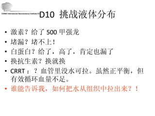 D10  挑战液体分布 激素？给了 500 甲强龙 堵漏？堵不上！ 白蛋白？给了，高了，肯定也漏了 换抗生素？换就换 CRRT ：？血管里没水可拉。虽然正平衡，但有效循环血量不足。 谁能告诉我，如何把水从组织中拉出来？！ CHINA International Neuroscience Institute ICU 