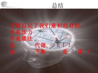 总结 CHINA International Neuroscience Institute ICU 不要忘记了我们最初的目的： 不是压力 不是灌注  是  代谢  ！！！ 是  平衡  是  度 ！ 