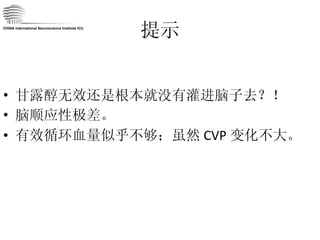 提示 甘露醇无效还是根本就没有灌进脑子去？！ 脑顺应性极差。 有效循环血量似乎不够；虽然 CVP 变化不大。 CHINA International Neuroscience Institute ICU 