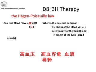 D8  3H Therapy Cerebral Blood Flow =  ΔP  π R 4  Where: ΔP = cerebral perfusion 8  η  L  R = radius of the blood vessels η = viscosity of the fluid (blood) l = length of the tube (blood vessels) CHINA International Neuroscience Institute ICU the Hagen-Poiseuille law 高血压  高血容量 血液稀释 