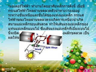 มอเตอร์ไฟฟ้า ทำงานโดยอาศัยหลักการดังนี้ เมื่อมีกระแสไฟฟ้าไหลผ่านขดลวดตัวนำทางวางงออยู่ระหว่างขั้นเหนือและขั้นใต้ของแท่งแม่เหล็ก กระแสไฟฟ้าขณะไหลผ่านขดลวดจะเกิดการเหนี่ยวนำเกิดสนามแม่เหล็กรอบเส้นลวด ทำให้เส้นแรงแม่เหล็กของแท่นแม่เหล็กแบนไป ซึ่งเส้นแรงแม่เหล็กที่เบี่ยงเบนไปนี้จะยึดเส้นแรงออกให้ตรงด้วยเส้นแรงผลักขดลวด เป็นผลให้ขดลวดหมุนได้  