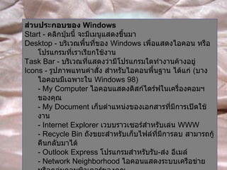 ส่วนประกอบของ  Windows   Start -  คลิกปุ่มนี้ จะมีเมนูแสดงขึ้นมา   Desktop -  บริเวณพื้นที่ของ  Windows  เพื่อแสดงไอคอน หรือโปรแกรมที่เราเรียกใช้งาน   Task Bar -  บริเวณที่แสดงว่ามีโปรแกรมใดทำงานค้างอยู่   Icons -  รูปภาพแทนคำสั่ง สำหรับไอคอนพื้นฐาน ได้แก่  ( บางไอคอนมีเฉพาะใน  Windows 98)  - My Computer  ไอคอนแสดงดิสก์ไดร์ฟในเครื่องคอมฯของคุณ   - My Document  เก็บตำแหน่งของเอกสารที่มีการเปิดใช้งาน - Internet Explorer  เวบบราวเซอร์สำหรับเล่น  WWW - Recycle Bin  ถังขยะสำหรับเก็บไฟล์ที่มีการลบ สามารถกู้คืนกลับมาได้ - Outlook Express  โปรแกรมสำหรับรับ - ส่ง อีเมล์   - Network Neighborhood  ไอคอนแสดงระบบเครือข่าย หรือกลุ่มคอมพิวเตอร์ของคุณ   
