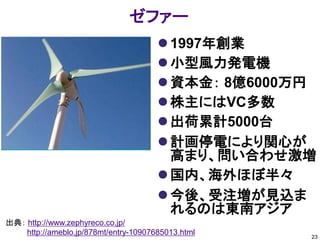 ゼファー
                                        1997年創業
                                        小型風力発電機
                                        資本金： 8億6000万円
                                        株主にはVC多数
                                        出荷累計5000台
                                        計画停電により関心が
                                         高まり、問い合わせ激増
                                        国内、海外ほぼ半々
                                        今後、受注増が見込ま
                                         れるのは東南アジア
出典： http://www.zephyreco.co.jp/
    http://ameblo.jp/878mt/entry-10907685013.html    23
 