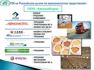 ГК РПИ на Российском рынке по аминокислотам   представляет: OOO  «АминоКорм»   ЛИЗИН ТРЕОНИН СОЙКОМИЛ ТРЕОНИН ТРИТПОФАН 98 % ЛИЗИН  HCl 98,5 % -  ТРЕОНИН -  ТРЕОНИН ТРЕОНИН МЕТИОНИН ТРИПТОФАН 98 % ЛИЗИН СУЛЬФАТ ЛИЗИН  HCl ТРЕОНИН 