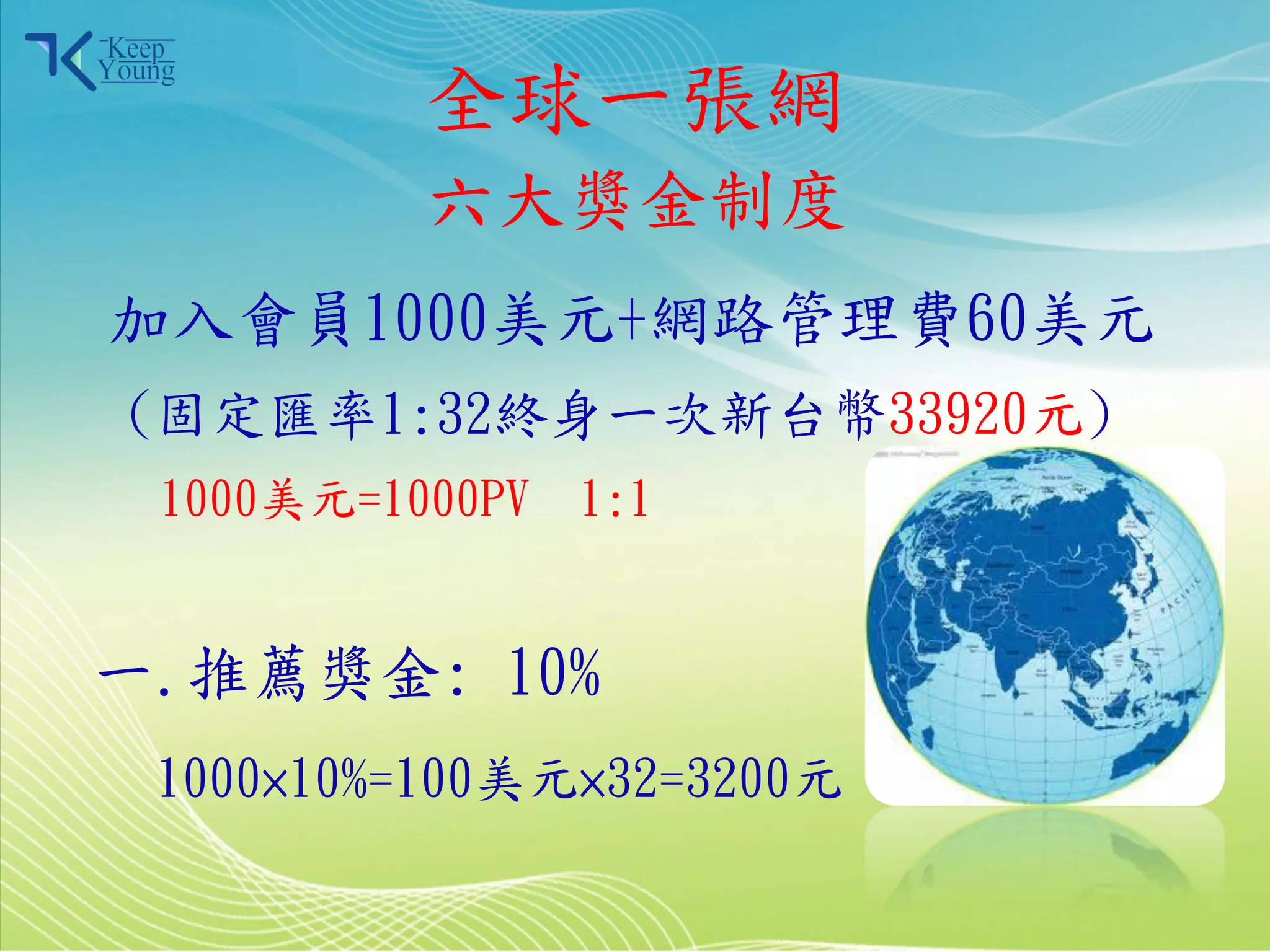 全球一張網
                     六大獎金制度
      加入會員1000美元+網路管理費60美元
       (固定匯率1:32終身一次新台幣33920元)
            1000美元=1000PV   1:1


     一.推薦獎金: 10%
            1000×10%=100美元×32=3200元

2011/3/28                             7
 