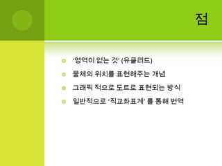 점‘영역이 없는 것’ (유클리드)물체의 위치를 표현해주는 개념그래픽 적으로 도트로 표현되는 방식일반적으로 ‘직교좌표계’ 를 통해 번역