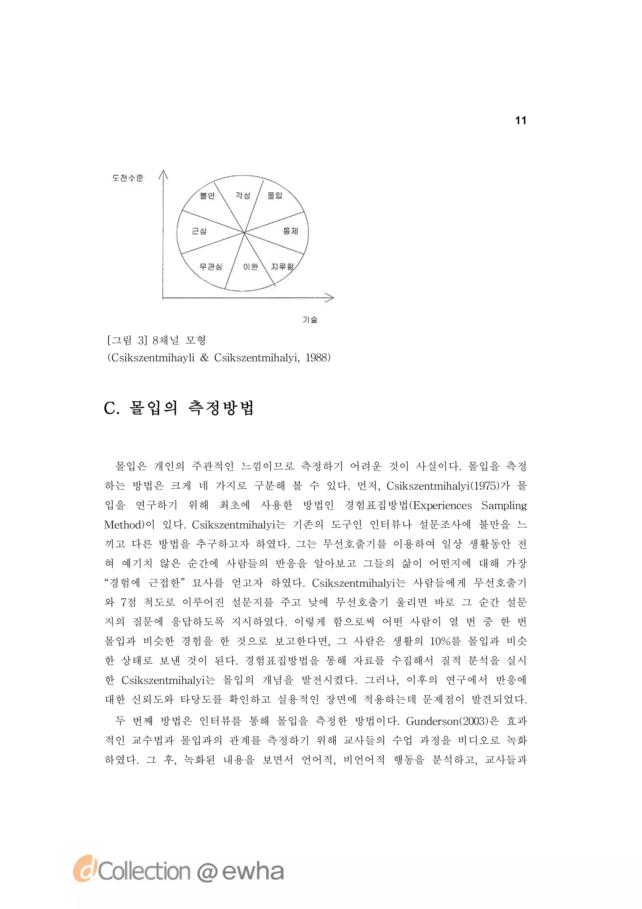 11




[
그림 3 채널 모형
    ]8
( s se t h yi C ise t h li 18)
C i znmia l & s znmia , 98
   k            k       y



C.몰입의 측정방법


 몰입은 개인의 주관적인 느낌이므로 측정하기 어려운 것이 사실이다.몰입을 측정
하는 방법은 크게 네 가지로 구분해 볼 수 있다.먼저,C ise t h li 95가 몰
                               s znmia ( 7)
                                k       y1
입을 연구하기 위해 최초에 사용한 방법인 경험표집방법( x ei cs S mpig
                             E pr n e a l
                                  e        n
Meh d이 있다. s se t h li 기존의 도구인 인터뷰나 설문조사에 불만을 느
  to )    C i znmia 는
            k       y
끼고 다른 방법을 추구하고자 하였다.그는 무선호출기를 이용하여 일상 생활동안 전
혀 예기치 않은 순간에 사람들의 반응을 알아보고 그들의 삶이 어떤지에 대해 가장
“
경험에 근접한”묘사를 얻고자 하였다.C ise t h li 사람들에게 무선호출기
                     s znmia 는
                      k       y
와 7 척도로 이루어진 설문지를 주고 낮에 무선호출기 울리면 바로 그 순간 설문
   점
지의 질문에 응답하도록 지시하였다.이렇게 함으로써 어떤 사람이 열 번 중 한 번
몰입과 비슷한 경험을 한 것으로 보고한다면, 사람은 생활의 1%를 몰입과 비슷
                        그         0
한 상태로 보낸 것이 된다.경험표집방법을 통해 자료를 수집해서 질적 분석을 실시
한 C ise t h li 몰입의 개념을 발전시켰다.그러나,이후의 연구에서 반응에
   s znmia 는
    k       y
대한 신뢰도와 타당도를 확인하고 실용적인 장면에 적용하는데 문제점이 발견되었다.
 두 번째 방법은 인터뷰를 통해 몰입을 측정한 방법이다.G n esn20) 효과
                                u d ro (03은
적인 교수법과 몰입과의 관계를 측정하기 위해 교사들의 수업 과정을 비디오로 녹화
하였다.그 후,녹화된 내용을 보면서 언어적,비언어적 행동을 분석하고,교사들과
 