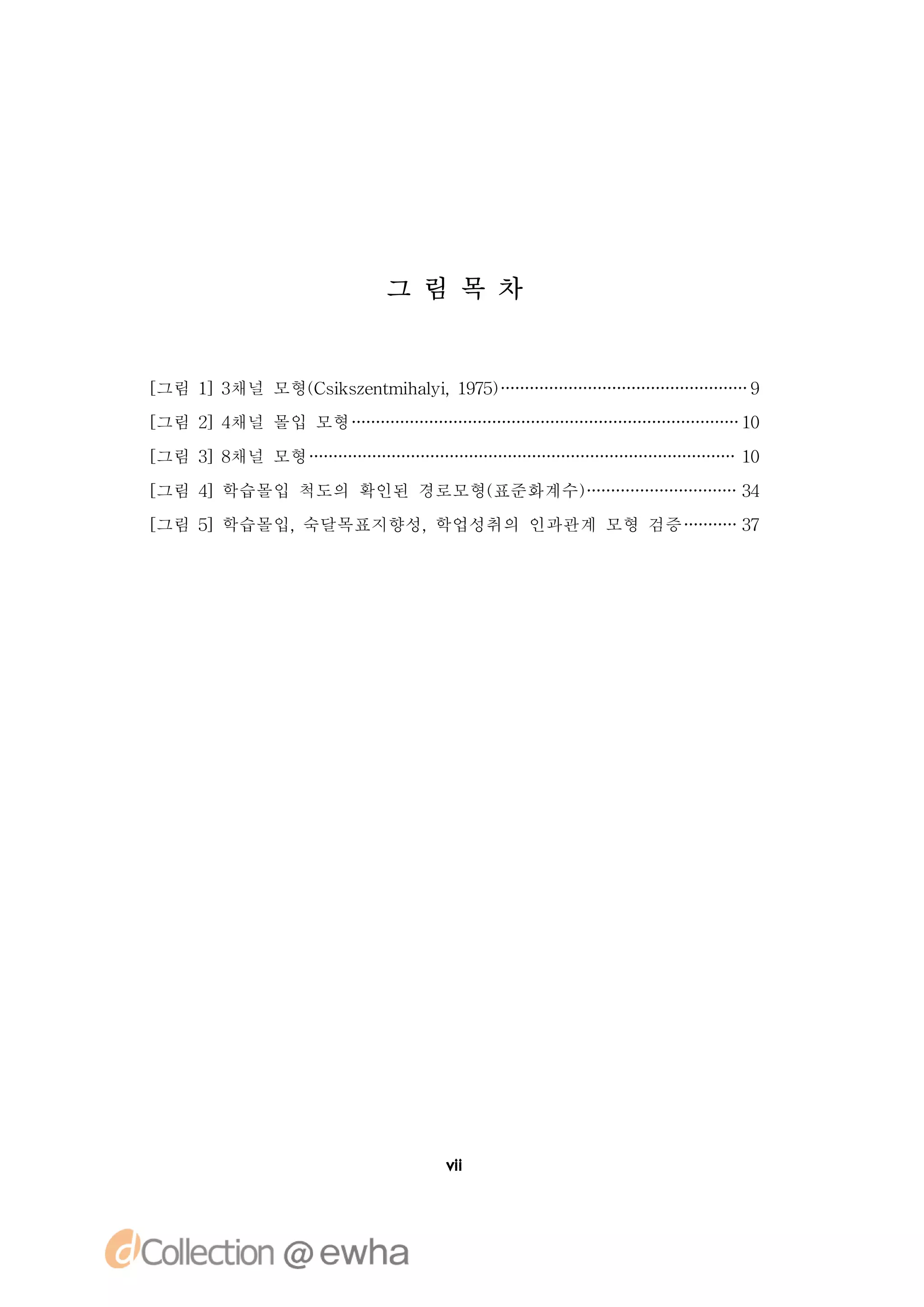 그 림 목 차


[
그림 1 채널 모형( s se t h li17)
    ]3    C i znmia , 95
             k       y               9
[
그림 2 채널 몰입 모형
    ]4                               10

[
그림 3 채널 모형
    ]8                               10

[
그림 4]학습몰입 척도의 확인된 경로모형(
                      표준화계수)         34
[
그림 5]학습몰입,숙달목표지향성,학업성취의 인과관계 모형 검증   37




                     vi
                      i
 