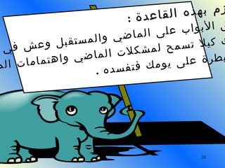 . التزم بهذه القاعدة   : أغلق الأبواب على الماضي والمستقبل وعش في حدود يومك كيلا تسمح لمشكلات الماضي واهتمامات المستقبل  بالسيطرة على يومك فتفسده  . 