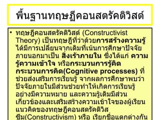 พื้นฐานทฤษฏีคอนสตรัคติวิสต์ ทฤษฎีคอนสตรัคติวิสต์  ( Constructivist Theory)  เป็นทฤษฎีที่ว่าด้วย การสร้างความรู้  ได้มีการเปลี่ยนจากเดิมที่เน้นการศึกษาปัจจัยภายนอกมาเป็น  สิ่งเร้าภายใน  ซึ่งได้แก่  ความรู้ความเข้าใจ  หรือ กระบวนการรู้คิด   กระบวนการคิด (Cognitive processes)   ที่ช่วยส่งเสริมการเรียนรู้ จากผลการศึกษาพบว่า ปัจจัยภายในมีส่วนช่วยทำให้เกิดการเรียนรู้อย่างมีความหมาย และความรู้เดิมมีส่วนเกี่ยวข้องและเสริมสร้างความเข้าใจของผู้เรียน แนวคิดของทฤษฎีคอนสตรัคติวิสซึม ( Constructivism)  หรือ เรียกชื่อแตกต่างกันไป ได้แก่ สร้างสรรความรู้นิยม หรือสรรสร้างความรู้นิยม หรือ การสร้างความรู้   
