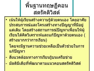 พื้นฐานทฤษฏีคอนสตรัคติวิสต์ เน้นให้ผู้เรียนสร้างความรู้ด้วยตนเอง โดยอาศัยประสบการณ์และโครงสร้างทางปัญญาที่มีอยู่แต่เดิม โดยสร้างสถานการณ์ปัญหาเพื่อนให้ผู้เรียนได้คิดวิเคราะห์และแก้ปัญหาด้วยตนเอง  ( สร้างมากกว่าการเรียน ) โดยจะมีฐานความช่วยเหลือเป็นตัวช่วยในการแก้ปัญหา สิ่งแวดล้อมทางการเรียนรู้บนเครือข่าย - มัลติมีเดียที่พัฒนาตามแนวคอนสตรัคติวิสต์  