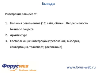 Дополнительный сервис (данные логистики, запросы в CRM и др.системы)Хороший вариант – веб-сервисы. Это стандартизированная кроссплатформенная технология обмена данными.Позаботьтесь о безопасности и производительности!