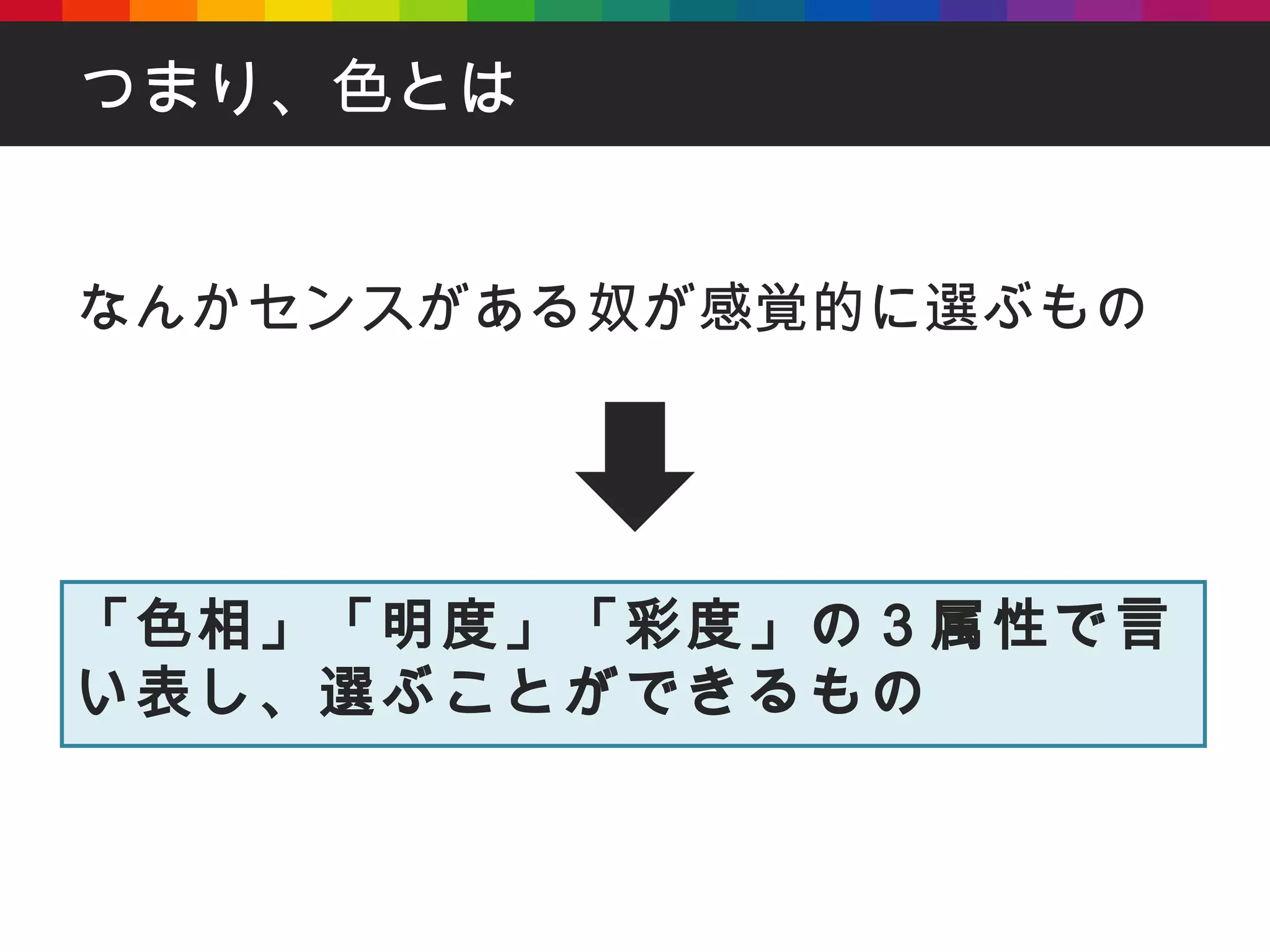 つまり、色とは なんかセンスがある奴が感覚的に選ぶもの 「色相」「明度」「彩度」の３属性で言い表し、選ぶことができるもの 