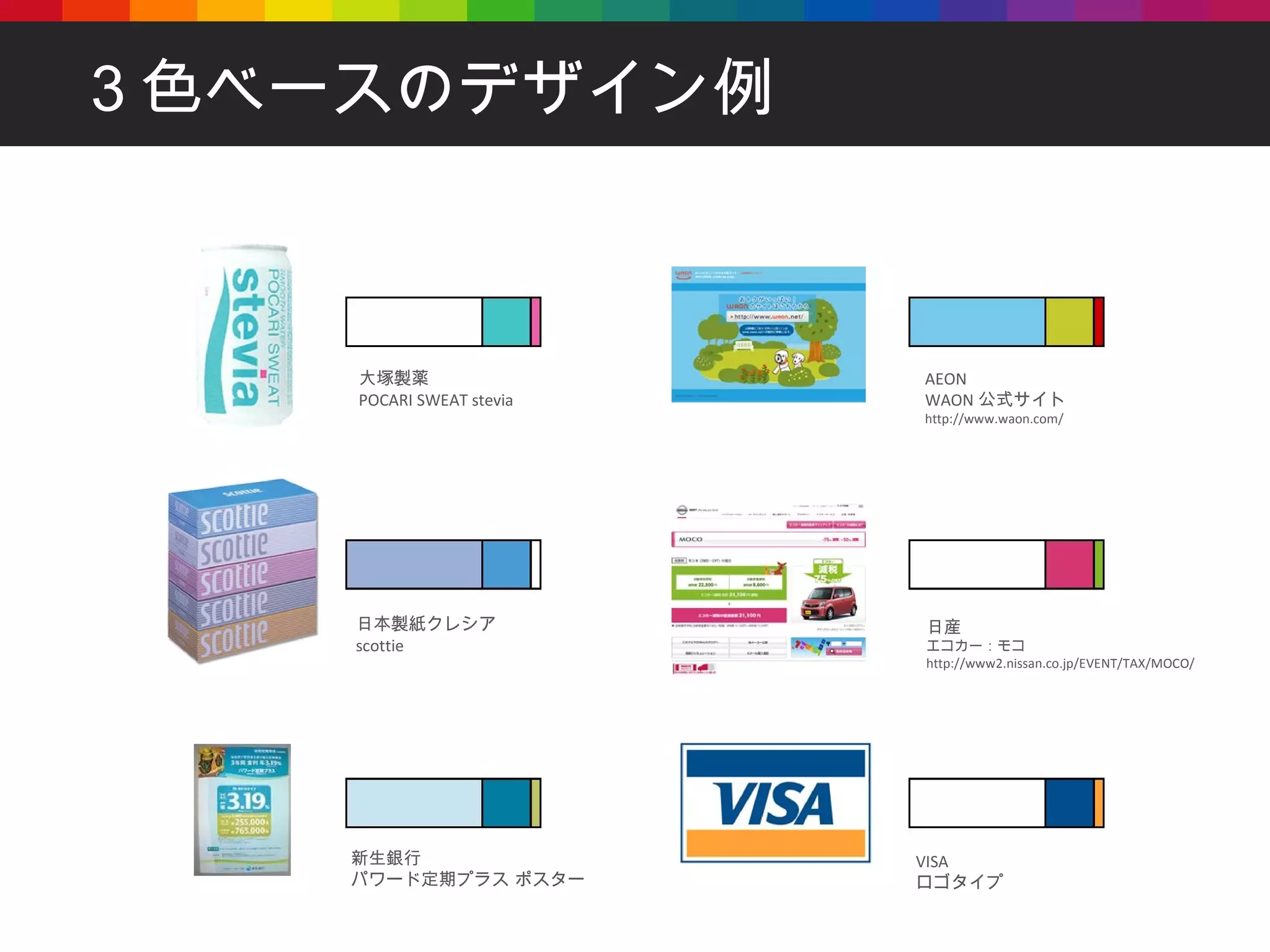 ３色ベースのデザイン例 大塚製薬 POCARI SWEAT stevia 日本製紙クレシア scottie 新生銀行 パワード定期プラス ポスター AEON WAON 公式サイト http://www.waon.com/ 日産 エコカー：モコ http://www2.nissan.co.jp/EVENT/TAX/MOCO/ VISA ロゴタイプ 