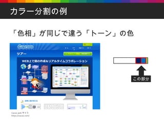 カラー分割の例 「色相」が同じで違う「トーン」の色 Cacoo web サイト https://cacoo.com/ この部分 