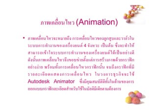 & '(      ) (Animation)
• & '(     ) 5      -# ก (     )     4ก 4 +      2
       ก           (    !45       ( . !$ "# 5 2 $
        -( $ 25    ก          (        !) $ ( .    *
     / & '(     ) 5#      !/ +!ก $ & ' $ ก 9:ก
           '$ /ก (     ) ก 9: ก / 5 -# ก 9: ก * *
         ( * +    ก (     )     2 ก 83 ก55 2 $
  Autodesk Animator "# * 3<      ! * /2 $       ก
   ก+ ก 9:ก ( *       2 $2 ! *( * ! !$ ก
                                                  #
 