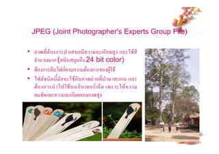 JPEG (Joint Photographer's Experts Group File)

• & ' * !$     ก     (        *       ( * 4 + 2 $ *
  5           ก(          3 -# 24 bit color)
• !$ ก       * )9 !           !$ ก        4$2 $
• )9           */ ก5 2 $ ก & '- *               +ก +
  !$ ก           ) 2 $          ( ( 6 ! (' 2 $
       +               (*        &' 4




                                                       #
 