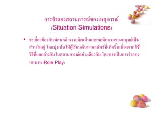 ก 5          - ก <       ( !3ก <
            (Situation Simulations)
• 5 (ก* $ ก ; !              ( 6 + 'F!ก         3% ( .
       2 1 , 3 ( $ 2 $ 4$( * $      '8 *(ก #/ ( 5 ก2 $
   8* *+!ก! ก 2 - ก < ( * ก , 5( . ก 5
        (Role Play)




                                                    #
 