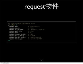 request物件

         # 在 http://example.com/example 上運行的應用
         get '/foo' do
           request.body              # 被客戶端設定的請求體（見下）
           request.scheme            # "http"
           request.script_name       # "/example", 即為SUB-URI
           request.path_info         # "/foo"
           request.port              # 80
           request.request_method    # "GET"
           request.query_string      # "" 查詢參數
           request.content_length    # request.body的長度
           request.media_type        # request.body的媒體類型
         end




                                                     43
11年8月26日星期五
 