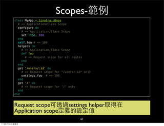 Scopes-範例
        class MyApp < Sinatra::Base
          # => Application/Class Scope
          configure do
            # => Application/Class Scope
            set :foo, 100
          end
          self.foo # => 100
          helpers do
            # => Application/Class Scope
            def foo
              # => Request scope for all routes
            end
          end
          get '/users/:id' do
            # => Request scope for "/users/:id" only
            settings.foo # => 100
          end
          get '/' do
            # => Request scope for '/' only
          end
        end



        Request scope可透過settings helper取得在
        Application scope定義的設定值
                                              61
11年8月26日星期五
 