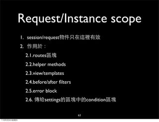 Request/Instance scope
              1. session/request物件只在這裡有效
              2. 作用於：
               2.1.routes區塊
               2.2.helper methods
               2.3.view/templates
               2.4.before/after ﬁlters
               2.5.error block
               2.6. 傳給settings的區塊中的condition區塊

                                         63
11年8月26日星期五
 