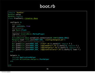 boot.rb
        require 'bundler'
        Bundler.setup
        Bundler.require
        class FreeChat3 < Sinatra::Base

          configure do
            #settings
            set :sessions, true
            #Middlewares
            use Rack::Flash
            #Sinatra Extensions
            register SinatraMore::MarkupPlugin
            #DB Connections
            ActiveRecord::Base.establish_connection(DB_CONFIG[RACK_ENV])
            Mongoid.load! File.join(ROOT_DIR, '/config/mongoid.yml')
            #load Model/Controller/helper/Libs
            Dir.glob(File.join(ROOT_DIR, '/lib/*.rb')).each{|f| require f }
            Dir.glob(File.join(ROOT_DIR, '/app/models/*.rb')).each{|f| require f }
            Dir.glob(File.join(ROOT_DIR, '/app/helpers/*.rb')).each{|f| require f }
            Dir.glob(File.join(ROOT_DIR, '/app/controllers/*.rb')).each{|f| load f }
          end

          helpers do
            include ApplicationHelper
            include ActionView::Helpers::TextHelper
          end

        end

                                                72
11年8月26日星期五
 