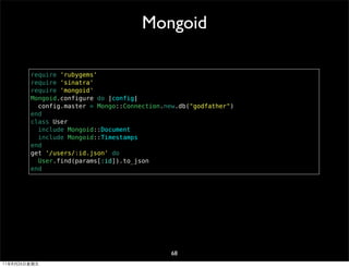 Mongoid

        require 'rubygems'
        require 'sinatra'
        require 'mongoid'
        Mongoid.configure do |conf...