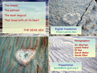 The lowest The saltiest The most magical That loves with all its heart THE DEAD SEA Photographers: Ziv Shertzer Leonid Pedrul Eli Raz Zeevik Meller Sarale Elbar Presentation: [email_address] English translation: Alison Lawton-Ron 