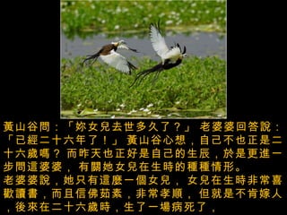 台灣之美 --  菱角鳥 -  水雉  ( 台灣的瀕臨絕種的保育鳥， 專門生長在菱角田中 ) 黃山谷問：「妳女兒去世多久了？」   老婆婆回答說：「已經二十六年了！」   黃山谷心想，自己不也正是二十六歲嗎？   而昨天也正好是自己的生辰，於是更進一步問這婆婆，   有關她女兒在生時的種種情形。  老婆婆說，她只有這麼一個女兒，   女兒在生時非常喜歡讀書，而且信佛茹素，非常孝順，   但就是不肯嫁人，後來在二十六歲時，生了一場病死了，   