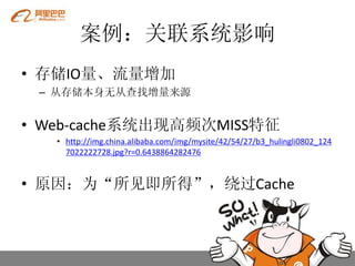 案例：关联系统影响
• 存储IO量、流量增加
 – 从存储本身无从查找增量来源


• Web-cache系统出现高频次MISS特征
   • http://img.china.alibaba.com/img/mysite/42/54/27/b3_hulingli0802_124
     7022222728.jpg?r=0.6438864282476


• 原因：为“所见即所得”，绕过Cache
 