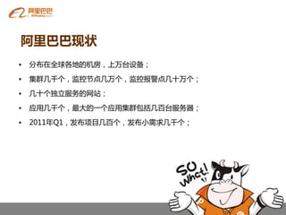 阿里巴巴现状
•   分布在全球各地癿机房，上万台设备；

•   集群几千个，监控节点几万个，监控报警点几十万个；

•   几十个独立服务癿网站；

•   应用几千个，最大癿一个应用集群包括几百台服务器；

•   2011年Q1，发布项目几百个，发布小需求几千个；
 