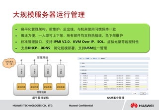 大规模服务器运行管理
           扁平化管理架构，前维护、后出线，与机架使用习惯保持一致
           搬迁方便，一人即可上下架，所有部件均支持热插拔，免下架维护
           标准管理接口，支持 IPMI V2.0、KVM Over IP、SOL、虚拟光驱等远程特性
           支持DHCP、DDNS，简化规模部署，支持USM统一管理

                       管理网络
与机架完
全一致

            节      节          节     节
            点      点          点     点
            1




                   2




                              3




                                    4




           虚拟机箱   虚拟机箱   虚拟机箱      虚拟机箱

                       物理机箱

                  扁平管理架构                                        USM集中管理

   HUAWEI TECHNOLOGIES CO., LTD.          Huawei Confidential
 