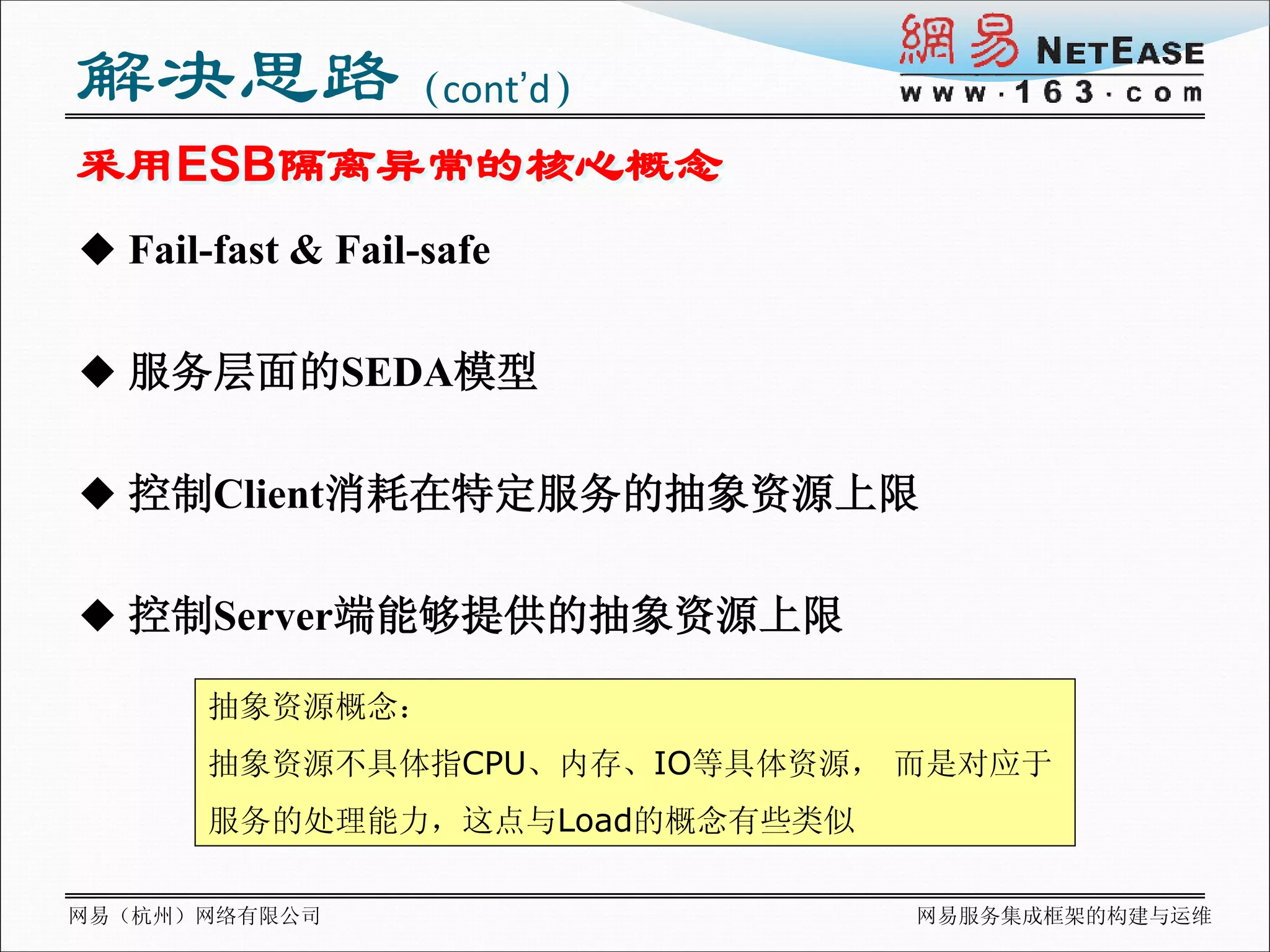 解决思路（cont’d）
采用ESB隔离异常的核心概念
 Fail-fast & Fail-safe


 服务层面的SEDA模型


 控制Client消耗在特定服务的抽象资源上限


 控制Server端能够提供的抽象资源上限

       抽象资源概念：
       抽象资源不具体指CPU、内存、IO等具体资源， 而是对应于
       服务的处理能力，这点与Load的概念有些类似

网易（杭州）网络有限公司                    网易服务集成框架的构建与运维
 
