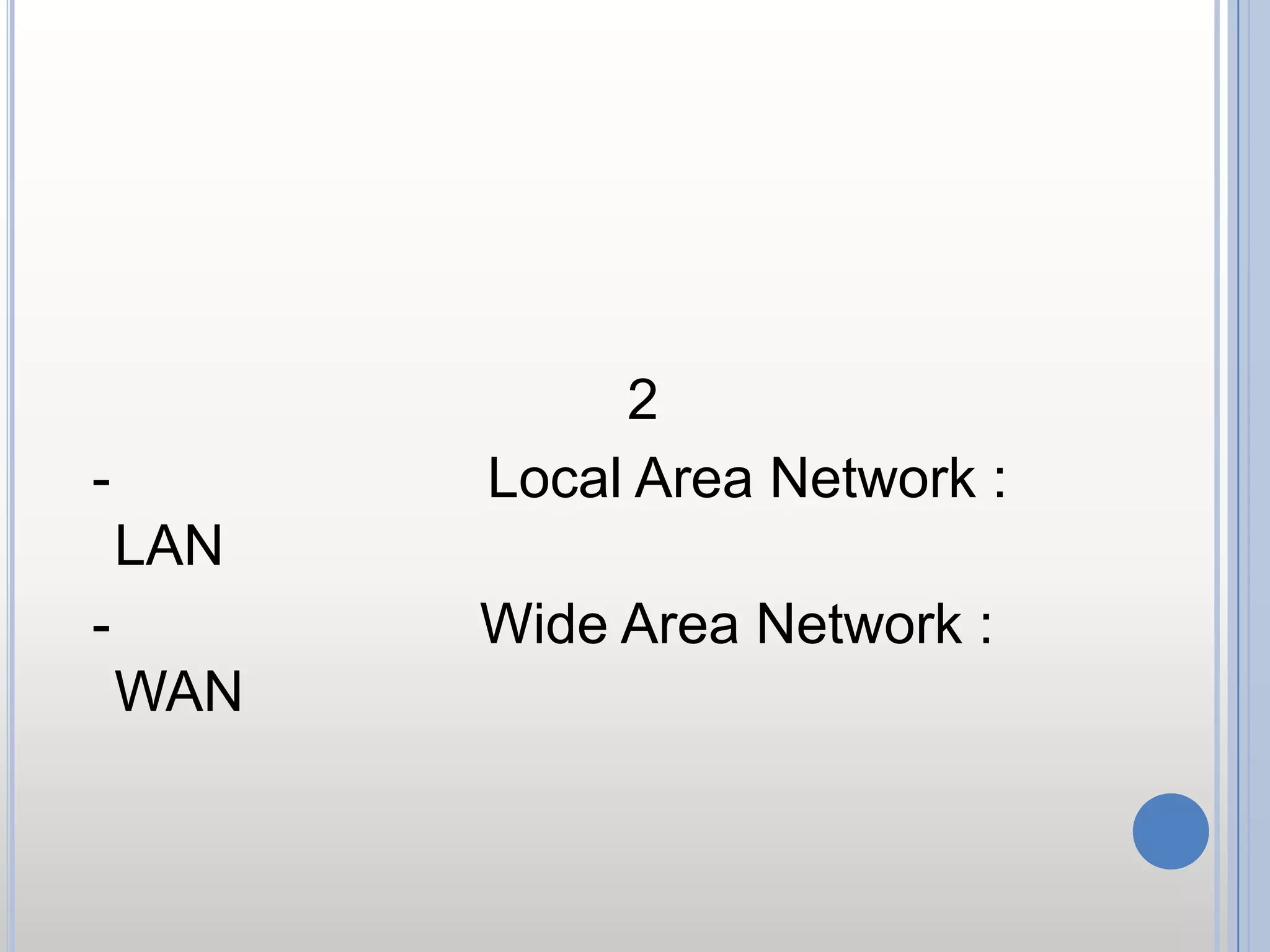 ชนิดของเครือข่าย    เครือข่ายคอมพิวเตอร์แบ่งแยกตามสภาพการเชื่อมโยงได้ 2 ชนิด-  เครือข่ายแลน (Local Area Network : LAN -  เครือข่ายแวน (Wide Area Network : WAN