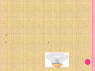  1. หลอดไฟฟ้าแบบธรรมดา         หลอดไฟฟ้าแบบธรรมดา  มีการเปลี่ยนรูปพลังงานจากพลังงานไฟฟ้าเป็นพลังงานความร้อน แล้วจึงเปลี่ยนเป็นพลังงานแสง หลอดไฟฟ้าแบบธรรมดามี 2 แบบ คือแบบเกลียวและแบบเขี้ยว มีส่วนประกอบดังนี้1. ไส้หลอด ทำด้วยโลหะที่มีจุดหลอดเหลวสูง ทนความร้อนได้มาก มีความทานสูง  เช่น ทังสเตน   2. หลอดแก้วทำจากแก้วที่ทนความร้อนได้ดี ไม่แตกง่าย สูบอากาศออกจนหมดภายในบรรจุก๊าซไนโตรเจนและอาร์กอนเล็กน้อย  3.   ขั้วหลอดไฟ เป็นจุดต่อวงจรไฟฟ้า มี 2แบบ คือ แบบเขี้ยวและแบบเกลียว      เนื่องจากหลอดไฟฟ้าประเภทนี้ให้แสงสว่างได้ด้วยการเปล่ยนพลังงานไฟฟ้าเป็นพลังงานความร้อน