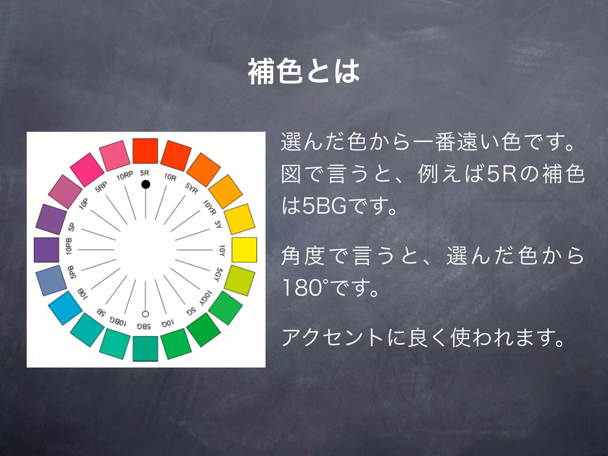 補色とは

 選んだ色から一番遠い色です。
 図で言うと、例えば5Rの補色
 は5BGです。

 角度で言うと、選んだ色から
 180 です。

 アクセントに良く使われます。
 
