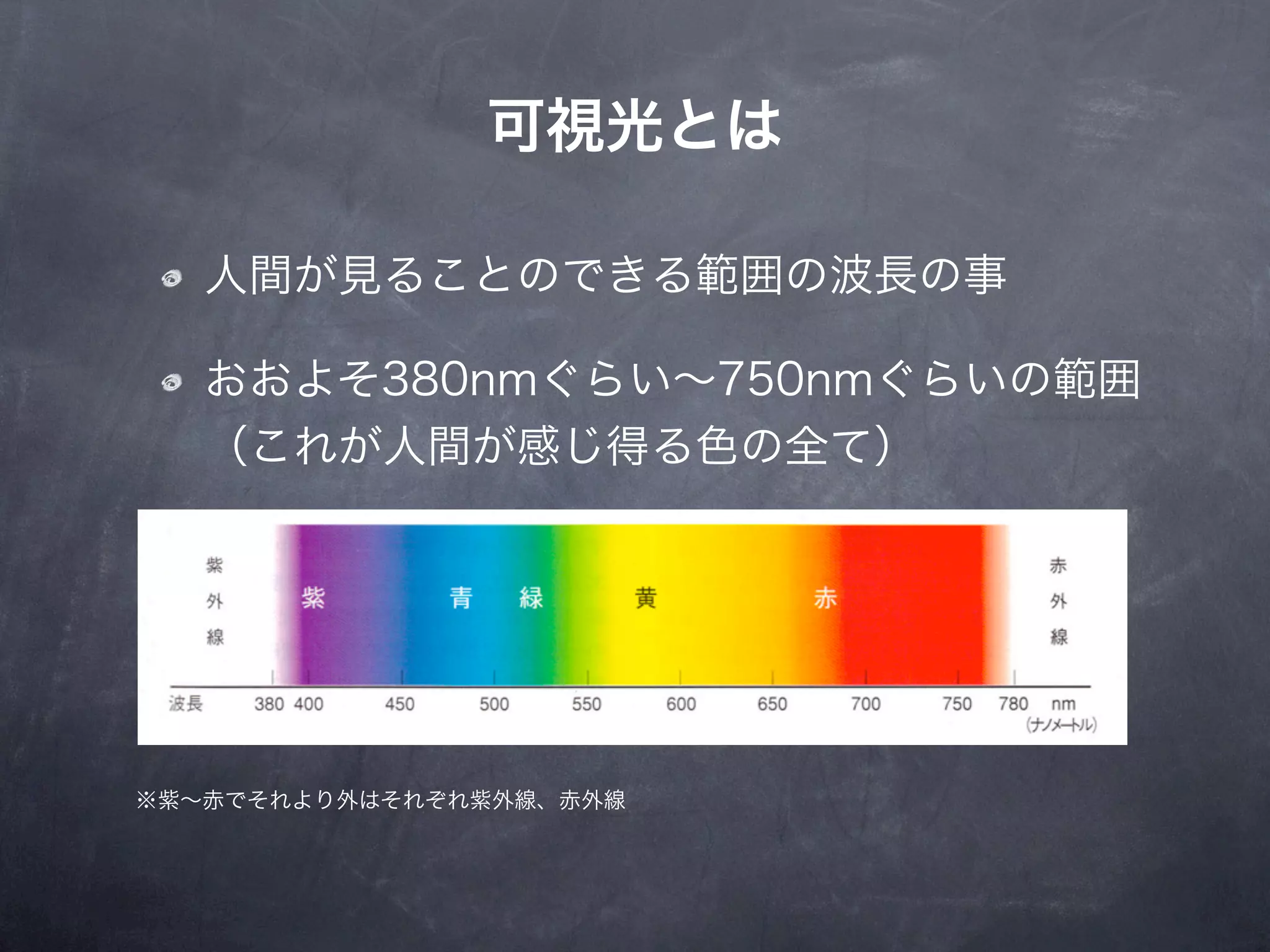 可視光とは

   人間が見ることのできる範囲の波長の事

   おおよそ380nmぐらい∼750nmぐらいの範囲
   （これが人間が感じ得る色の全て）




※紫∼赤でそれより外はそれぞれ紫外線、赤外線
 