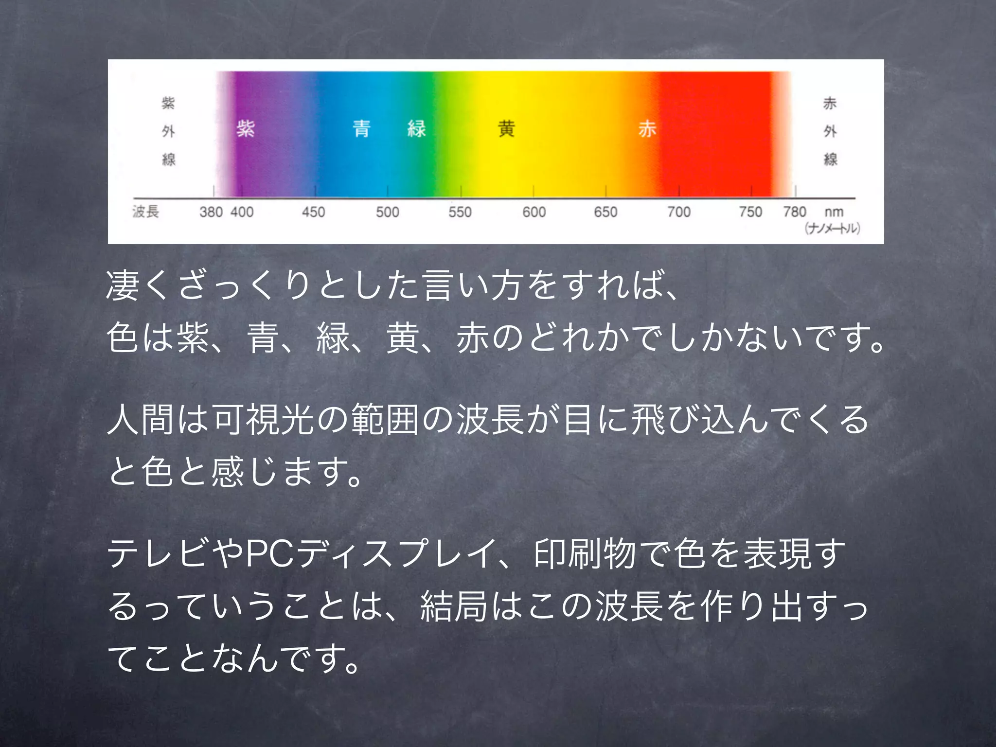 凄くざっくりとした言い方をすれば、
色は紫、青、緑、黄、赤のどれかでしかないです。

人間は可視光の範囲の波長が目に飛び込んでくる
と色と感じます。

テレビやPCディスプレイ、印刷物で色を表現す
るっていうことは、結局はこの波長を作り出すっ
てことなんです。
 