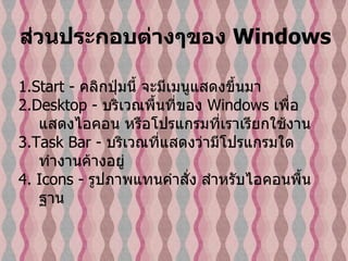 ส่วนประกอบต่างๆของ  Windows  1.Start -  คลิกปุ่มนี้ จะมีเมนูแสดงขึ้นมา   2.Desktop -  บริเวณพื้นที่ของ  Windows  เพื่อแสดงไอคอน หรือโปรแกรมที่เราเรียกใช้งาน   3.Task Bar -  บริเวณที่แสดงว่ามีโปรแกรมใดทำงานค้างอยู่   4. Icons -  รูปภาพแทนคำสั่ง สำหรับไอคอนพื้นฐาน  