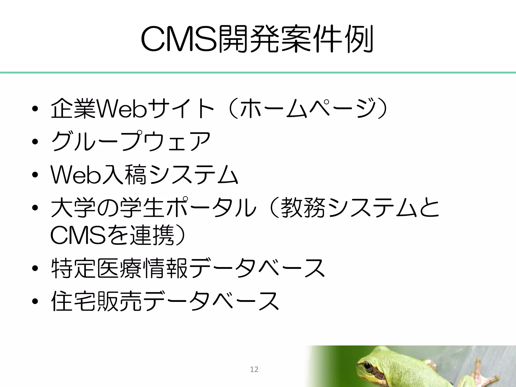CMS開発案件例

• 企業Webサイト（ホームページ）
• グループウェア
• Web入稿システム
• 大学の学生ポータル（教務システムと
  CMSを連携）
• 特定医療情報データベース
• 住宅販売データベース

          12
 